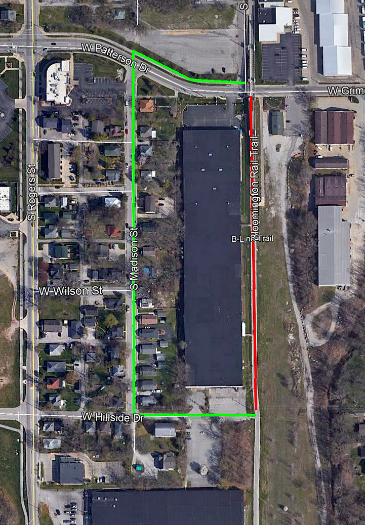 an overhead map of the bloomington b-line