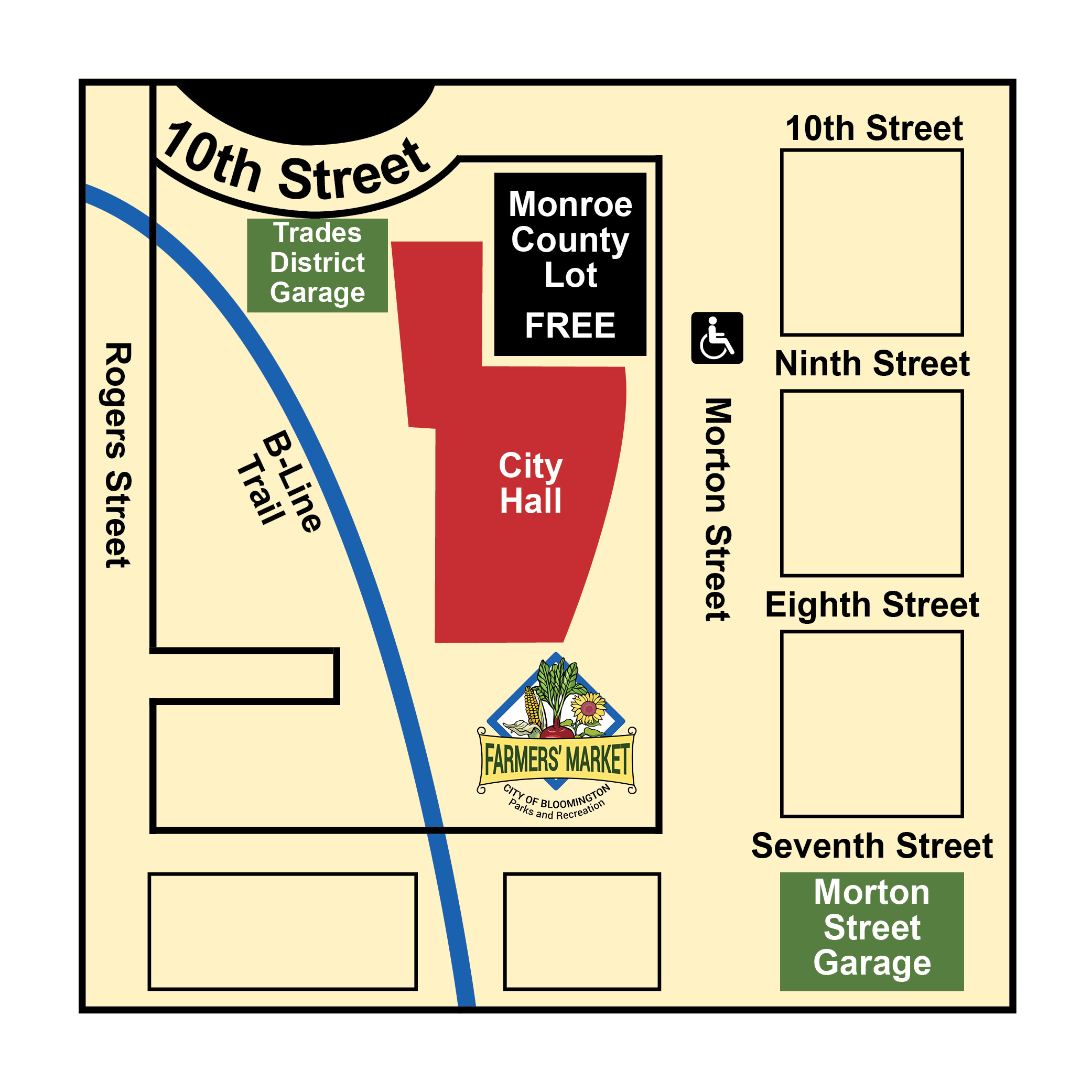 Map showing the area surrounding the Saturday Farmers' Market with parking areas marked