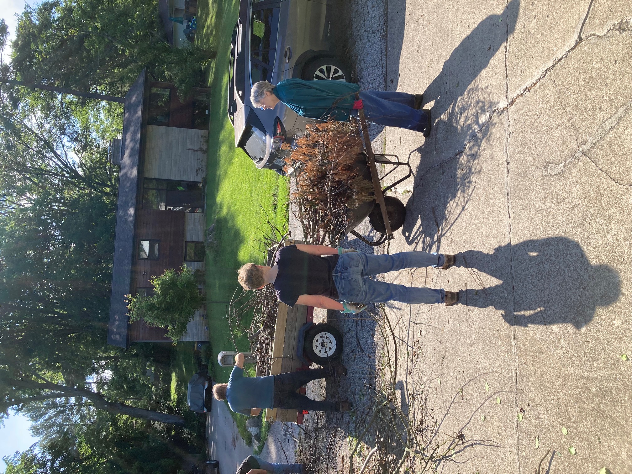 Person pushing a wheelbarrow full of brush towards two other people working a wood chipper