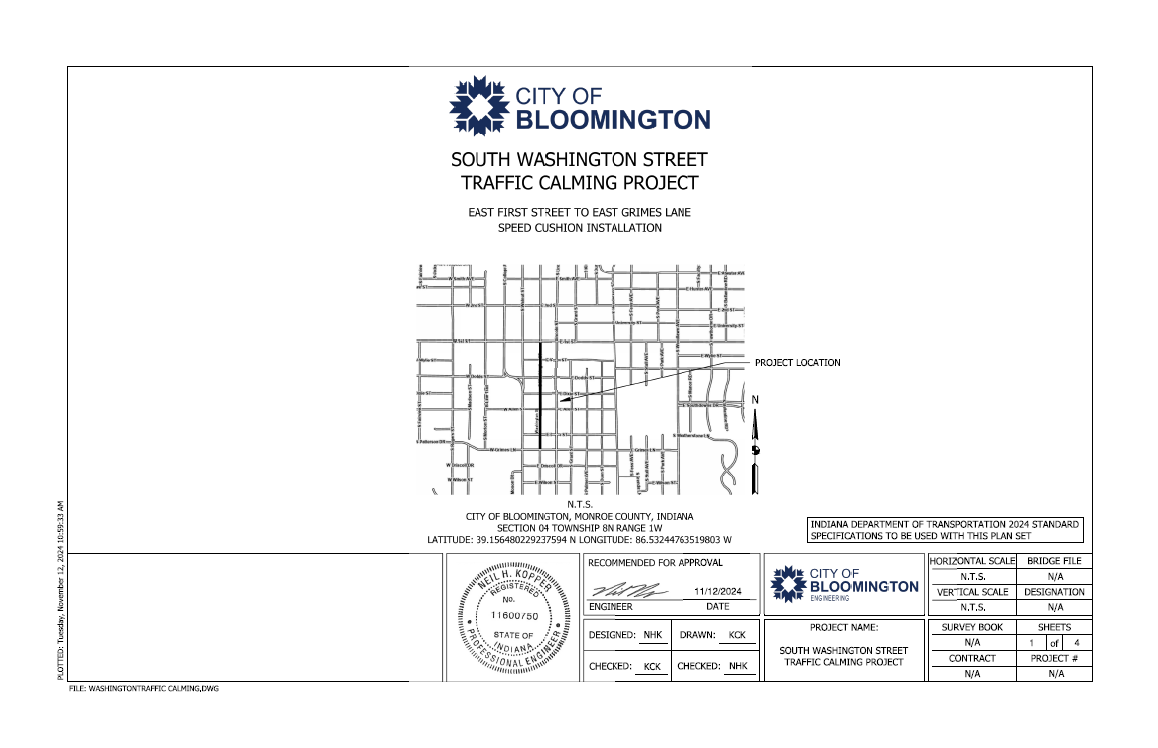 Image preview of final tracings document for Washington St. Traffic Calming project. Most of the image is a rectangle of empty (white) space. Title and header text are centered above a road map with a line pointing to a specific road to indicate "project location." Document is signed and dated.