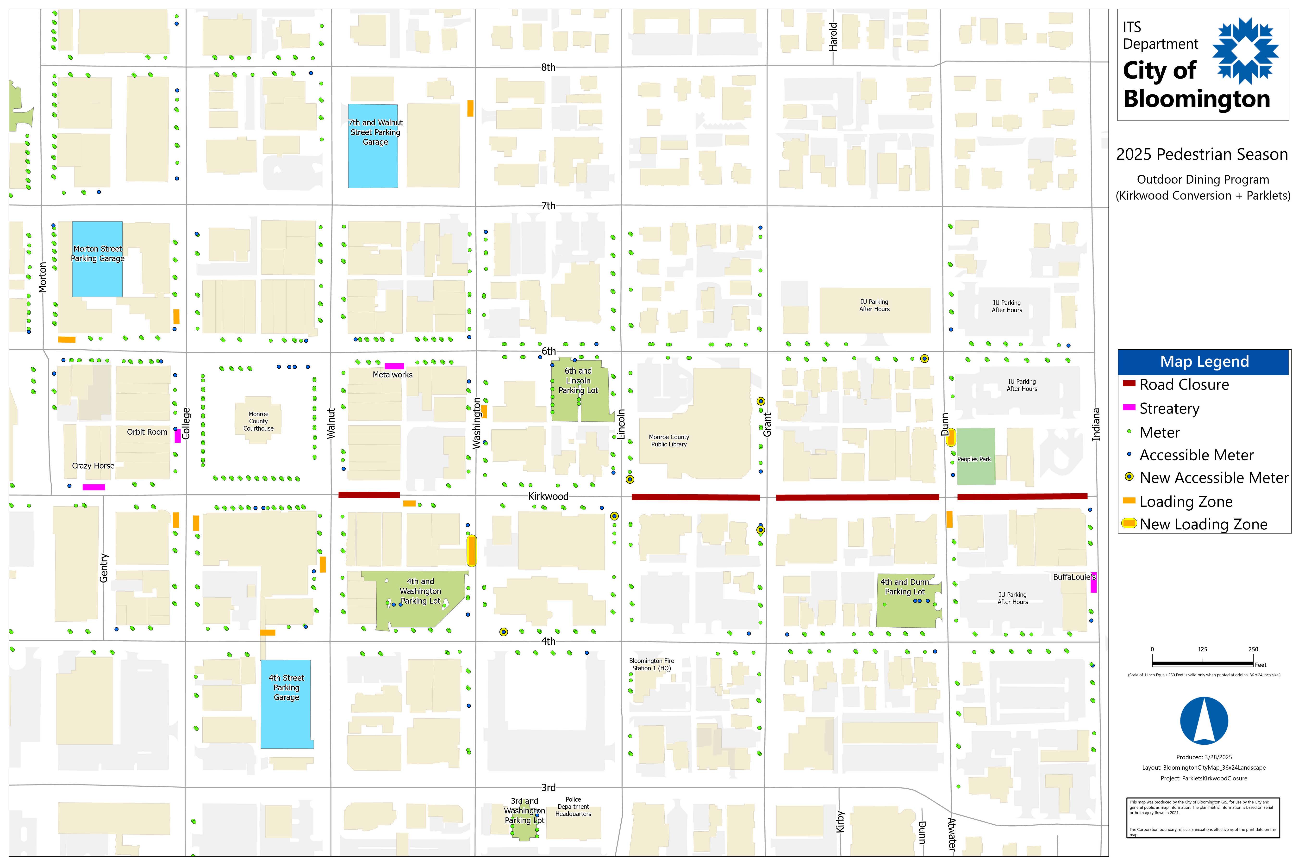 map of downtown bloomington indiana with outdoor dining street closures and parklets