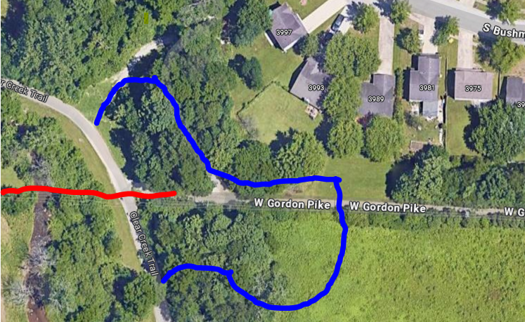 Clear Creek Trail detour around the construction zone, in blue.