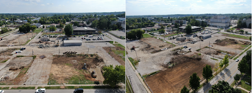 Aerial drone photo showing the development site during demolition. The left photo is looking south from the intersection of 2nd and Madison Street, there is a bulldozer and sheepsfoot roller preparing the exposed earth and an excavator demolishing a warehouse. The right photo is looking southwest from the intersection of 2nd and Morton Street, there is a cleared site with exposed earth and the same equipment as the left photo working in the middle ground, the legacy hospital is shown in the background.&nbsp;
