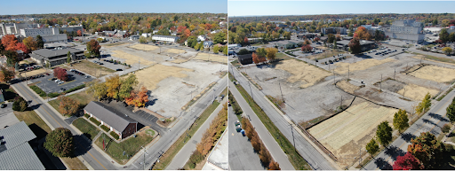 Aerial drone photo showing the completed demolition work. The left photo is looking northwest from the intersection of 1st and Morton Street, showing a red brick office building with the site covered in straw in the background. The right photo is looking southwest from the intersection of 2nd and Morton Street, the site is covered in straw with black silt fence surrounding it, and the legacy hospital can be seen in the background.&nbsp;