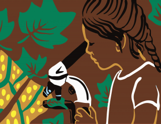 Science of Scale mural extract rendering by Erin Tobey, girl looking at a leaf through a microscope